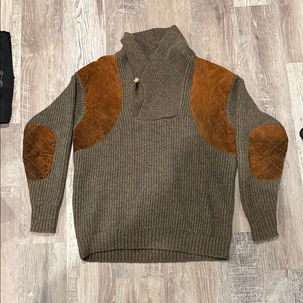 Men's Olive Green Turtleneck Sweater with Brown Suede Patches